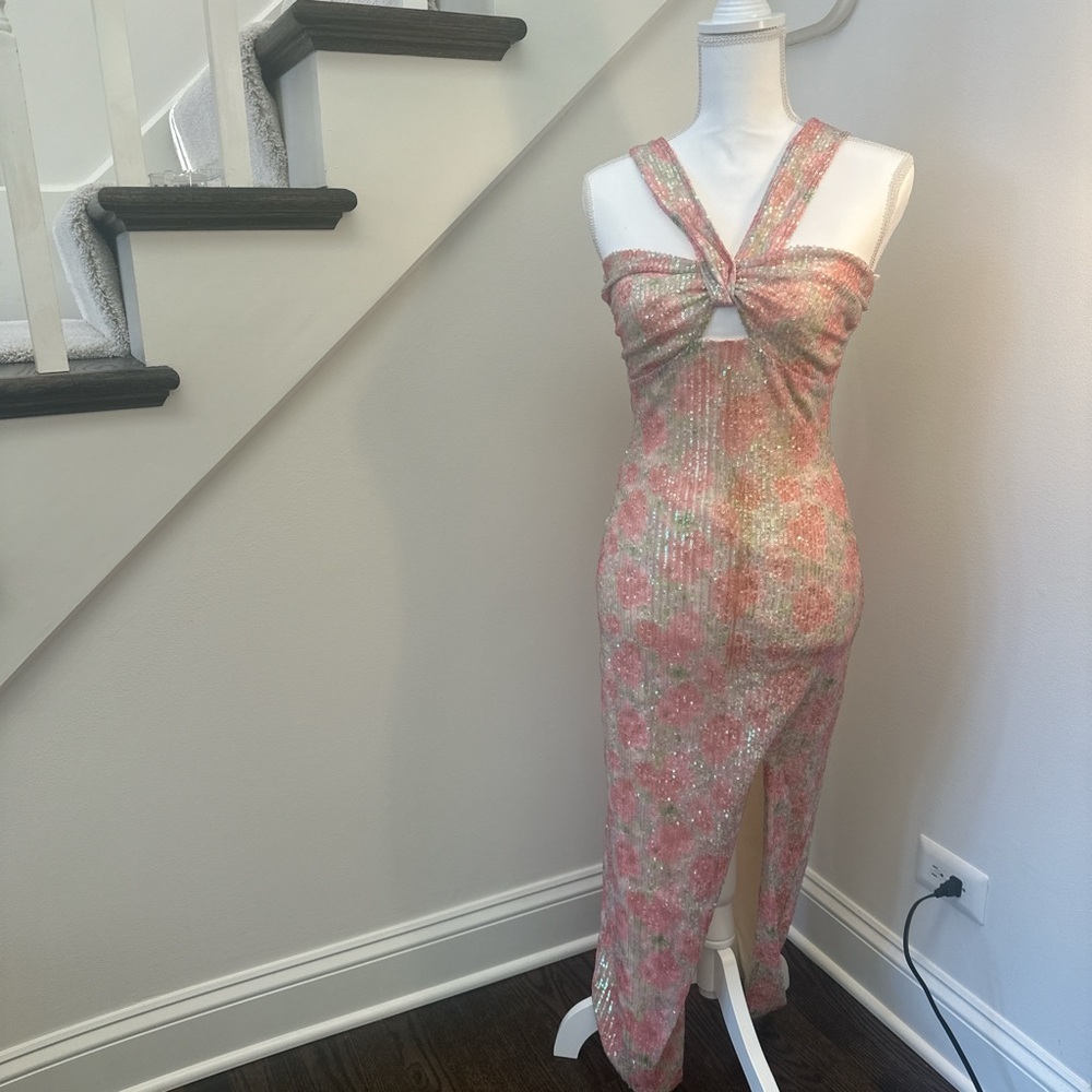 SAYLOR Pink and Silver Sequin Cut-Out Jumpsuit